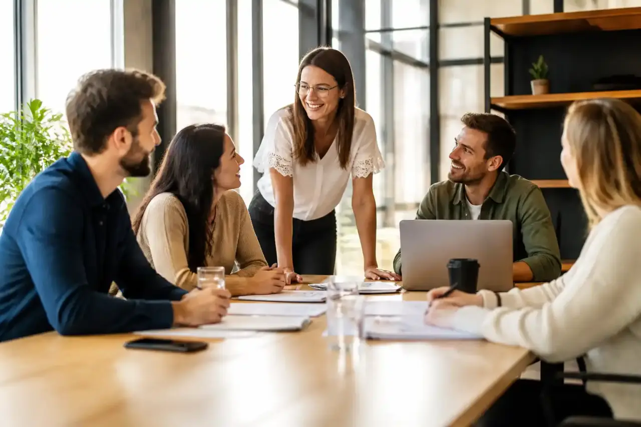 Équipe de direction collaborant sur une stratégie de prévention des risques au bureau