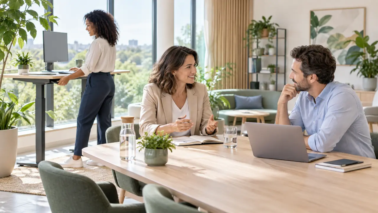 Équipe en entreprise échangeant dans un espace de travail lumineux et convivial