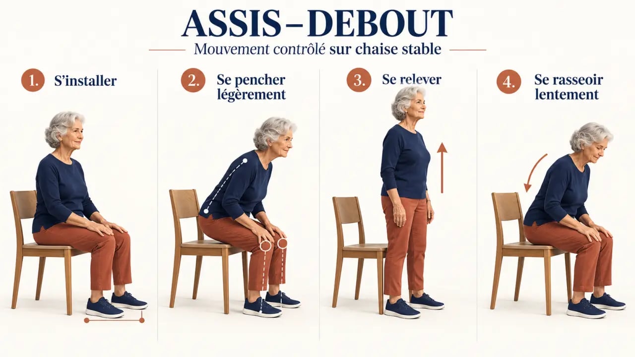 Exercices de renforcement musculaire pour personnes âgées PDF : mouvement assis-debout illustré