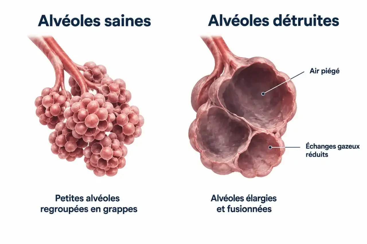 Schéma expliquant comment on peut vivre longtemps avec de l'emphysème : alvéoles pulmonaires saines comparées à des alvéoles détruites avec air piégé