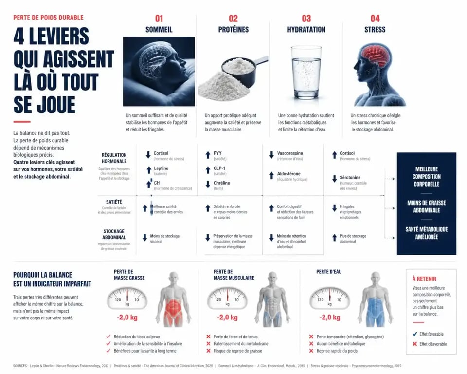 Infographie sur le regime perte de poids montrant sommeil, protéines, hydratation et stress