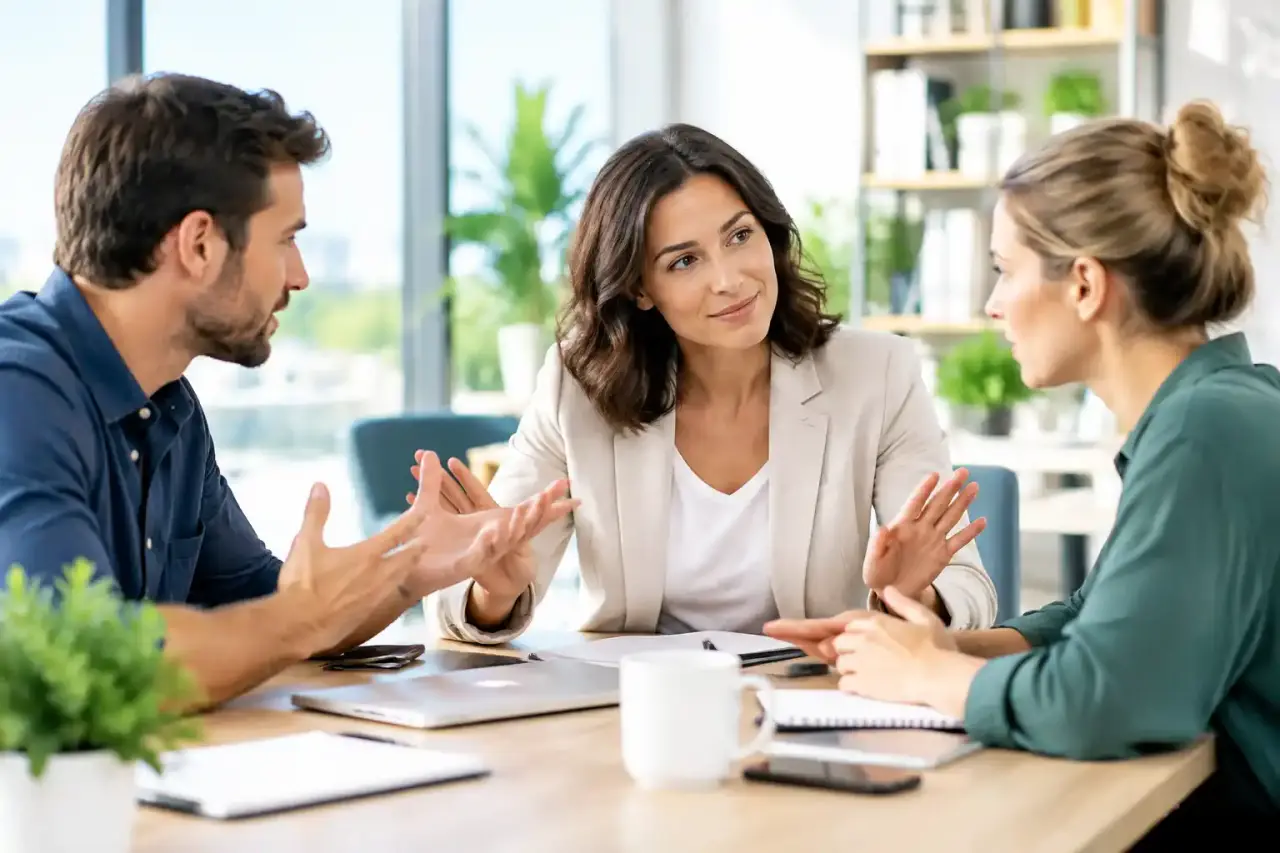 Équipe professionnelle gérant une situation de tension de manière constructive dans un bureau lumineux