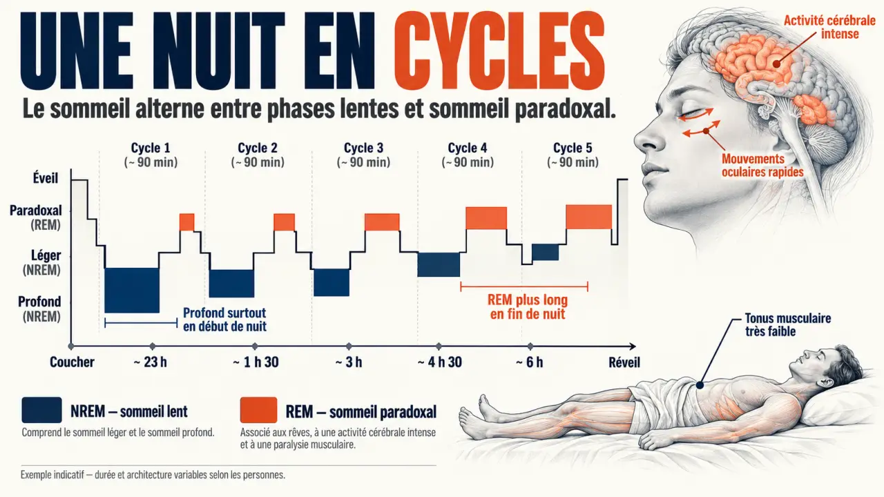 Infographie sur le rem sommeil montrant l’alternance des cycles NREM et REM au cours de la nuit