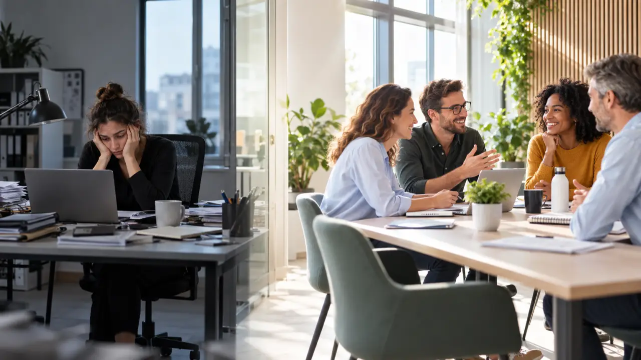 Équipe échangeant dans un espace de travail lumineux et convivial