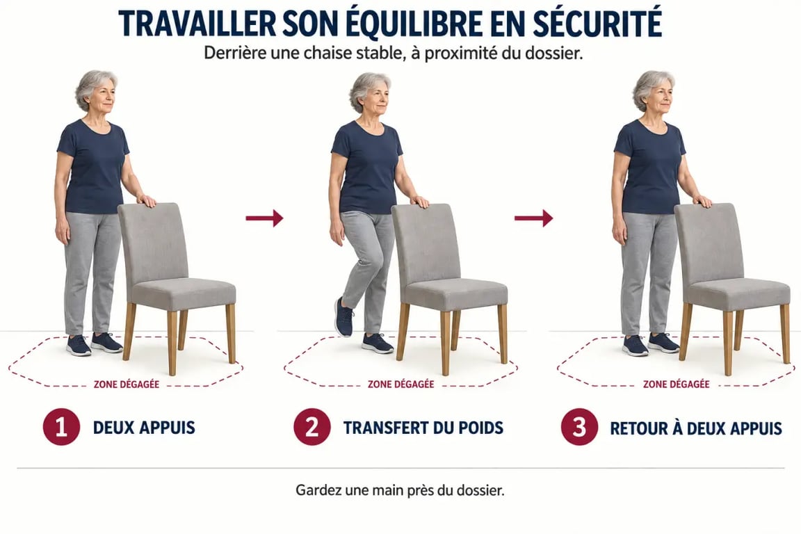 Exercices de renforcement musculaire pour personnes âgées PDF : équilibre avec appui sur une chaise