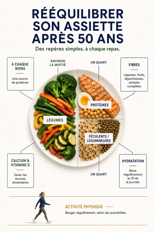 Infographie sur le rééquilibrage alimentaire après 50 ans et la composition équilibrée de l’assiette