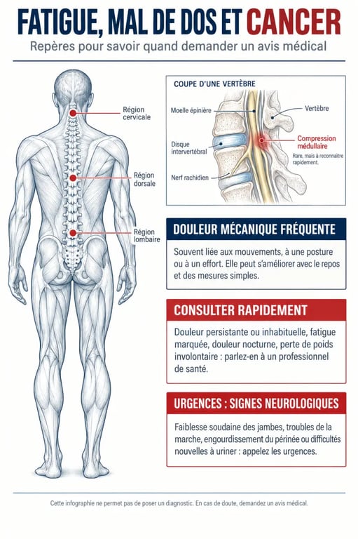 Infographie sur la fatigue mal de dos cancer et les principaux signes d’alerte