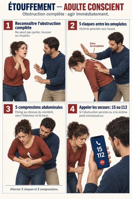 Illustration étape par étape de la manœuvre de Heimlich chez un adulte conscient