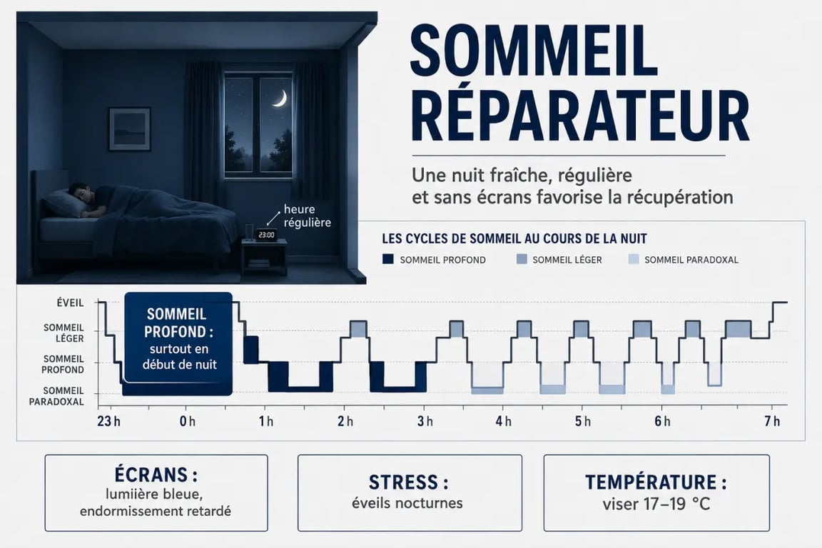 Schéma du sommeil réparateur montrant le sommeil profond, la chambre sombre et les facteurs qui perturbent la nuit