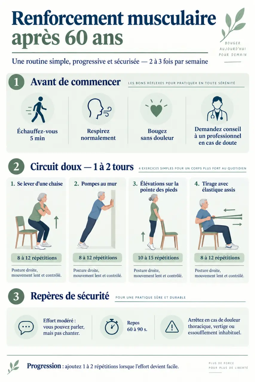 Renforcement musculaire après 60 ans : une fiche PDF simple à imprimer et à pratiquer en sécurité