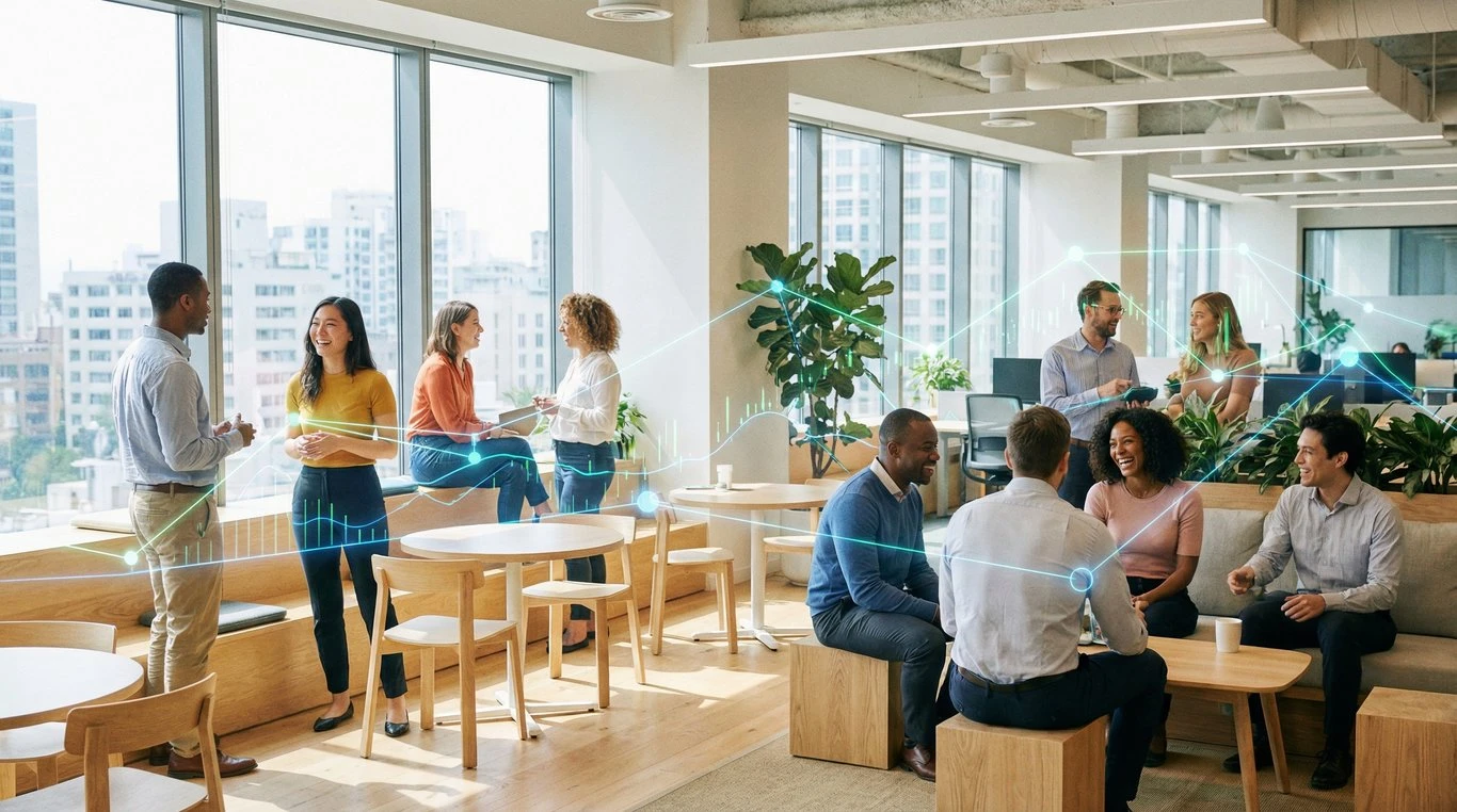 Équipe diverse dans un bureau moderne et lumineux, symbolisant la santé connectée