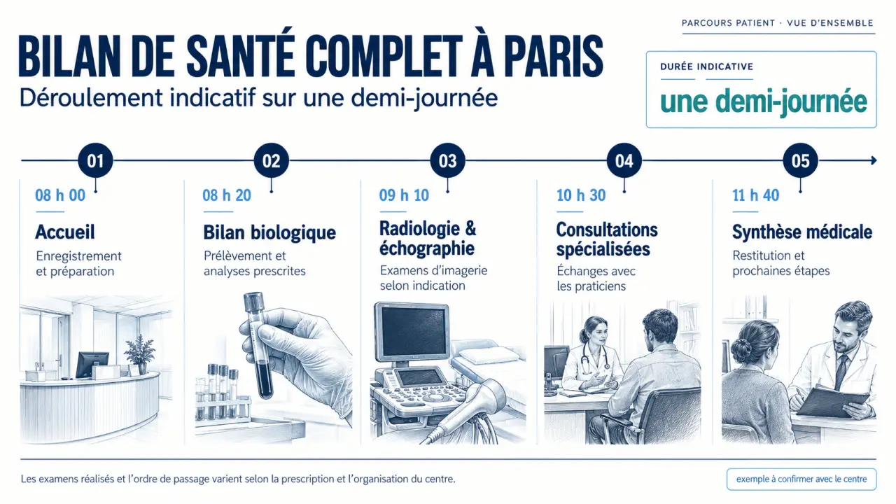 Bilan de santé complet Paris : déroulement indicatif d’une demi-journée d’examens et de consultations