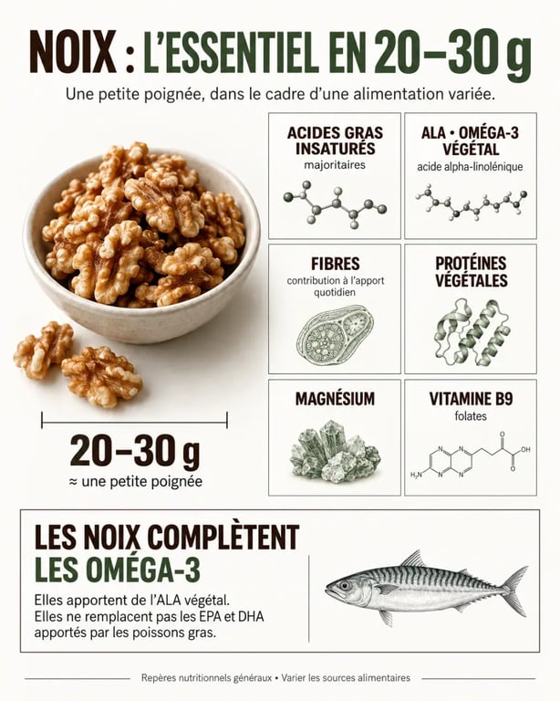 Infographie noix santé sur les apports nutritionnels et la portion quotidienne recommandée