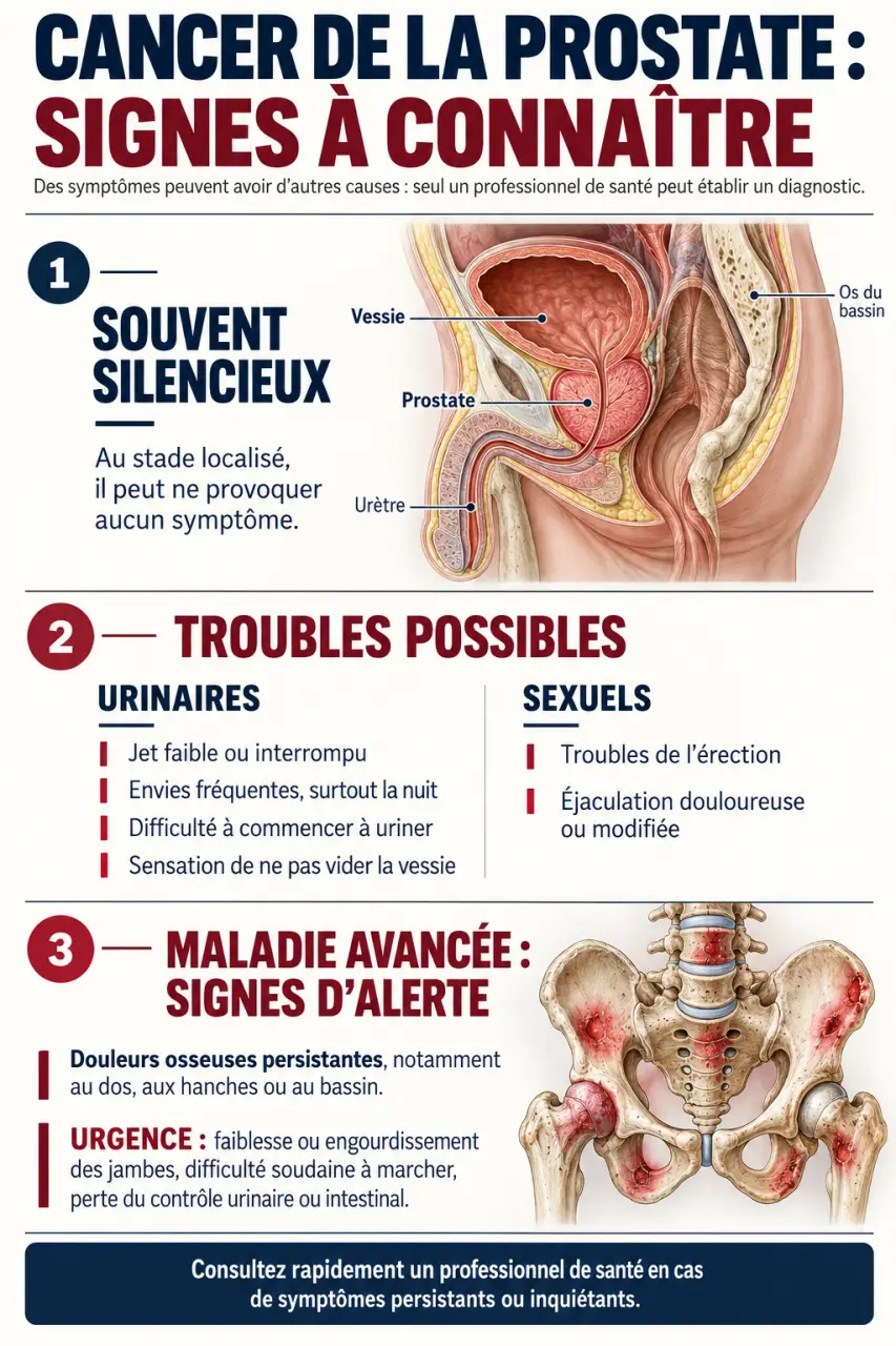 Signe cancer prostate : infographie des symptômes possibles selon les stades