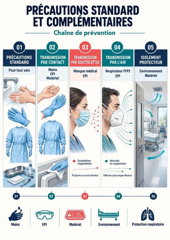 Infographie des précautions standard et complémentaires selon le mode de transmission