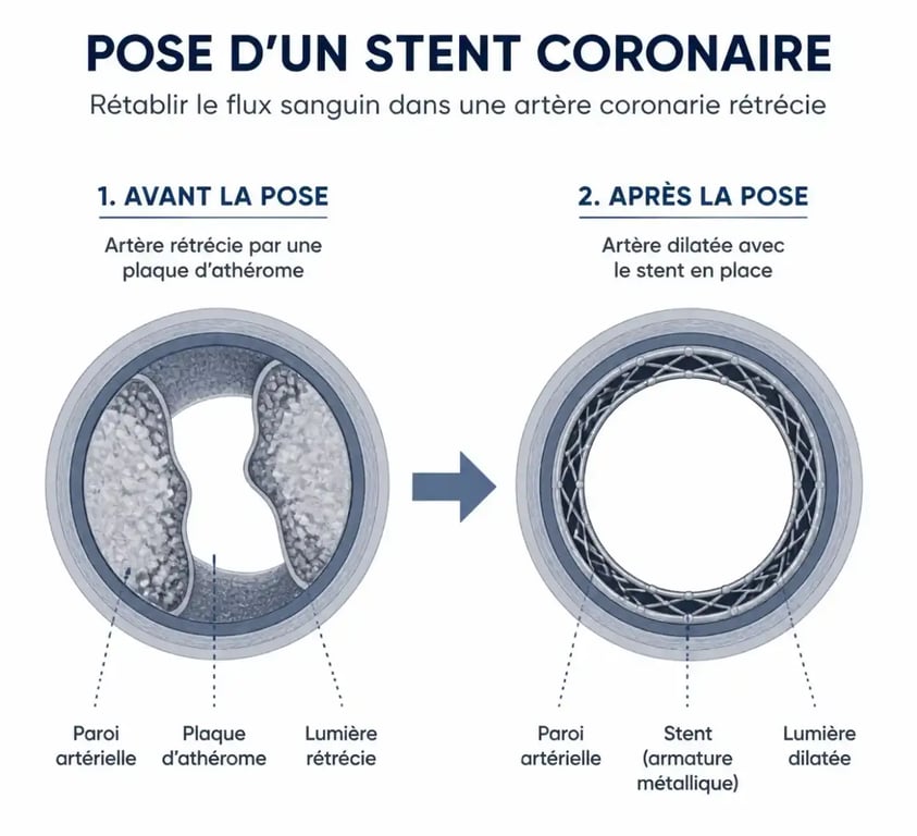 Schéma de l'angioplastie et pose de stent dans une artère coronaire