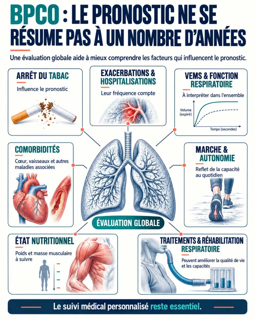 Infographie sur la BPCO et l’espérance de vie montrant les principaux facteurs du pronostic