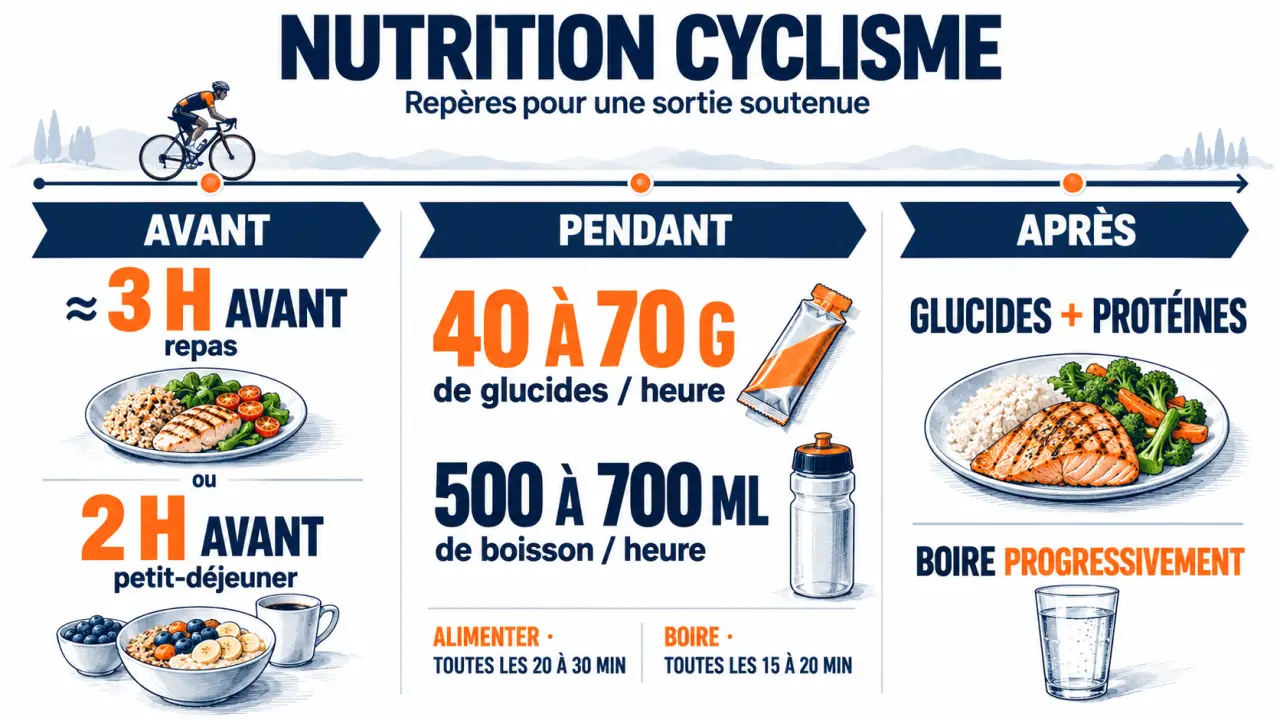 Nutrition cyclisme : repères visuels avant, pendant et après une sortie à vélo