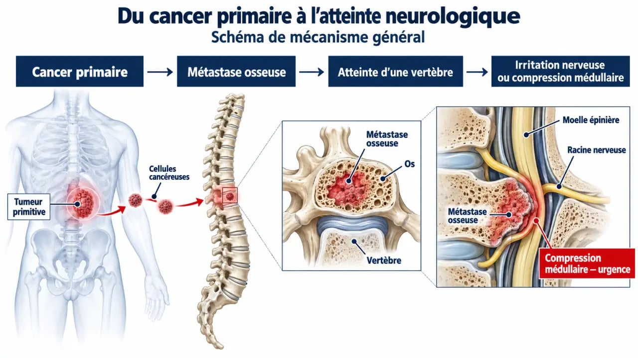 Schéma expliquant le mal de dos cancer symptôme et le mécanisme des métastases vertébrales