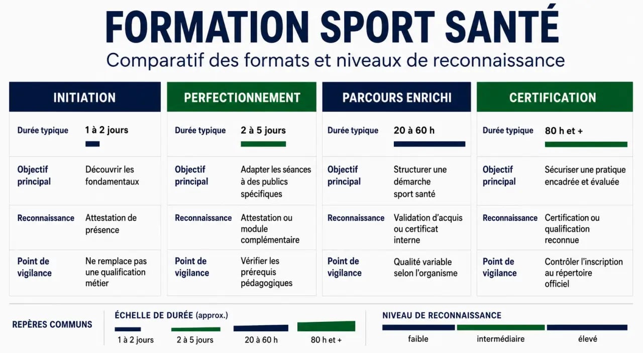 Infographie formation sport santé comparant niveaux, durées, reconnaissance et financement