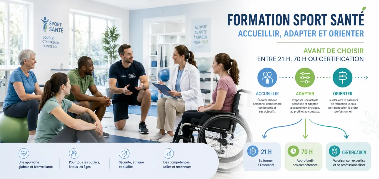 Formation sport santé : accueillir, adapter et orienter avant de choisir entre 21 h, 70 h ou certification