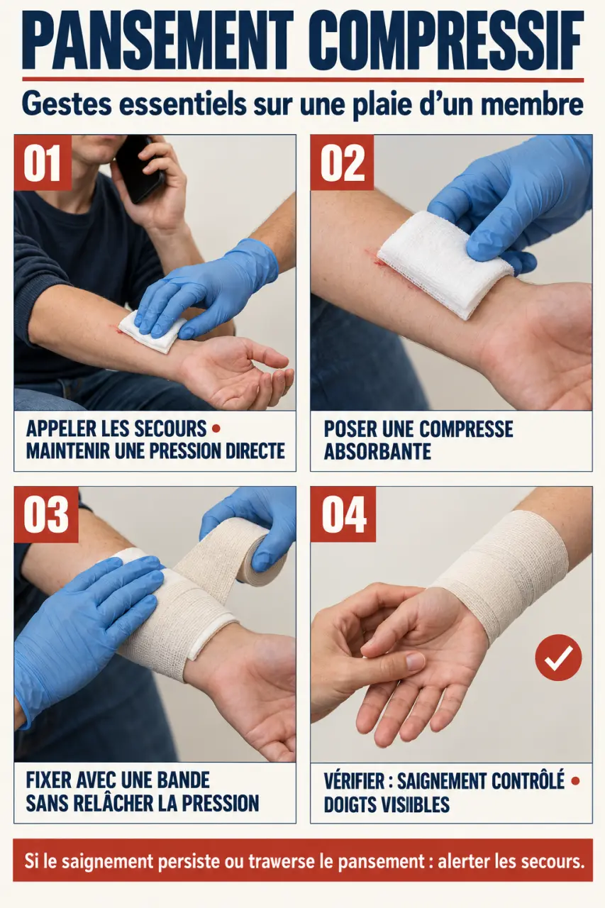 Étapes de pose d’un pansement compressif sur une plaie du membre