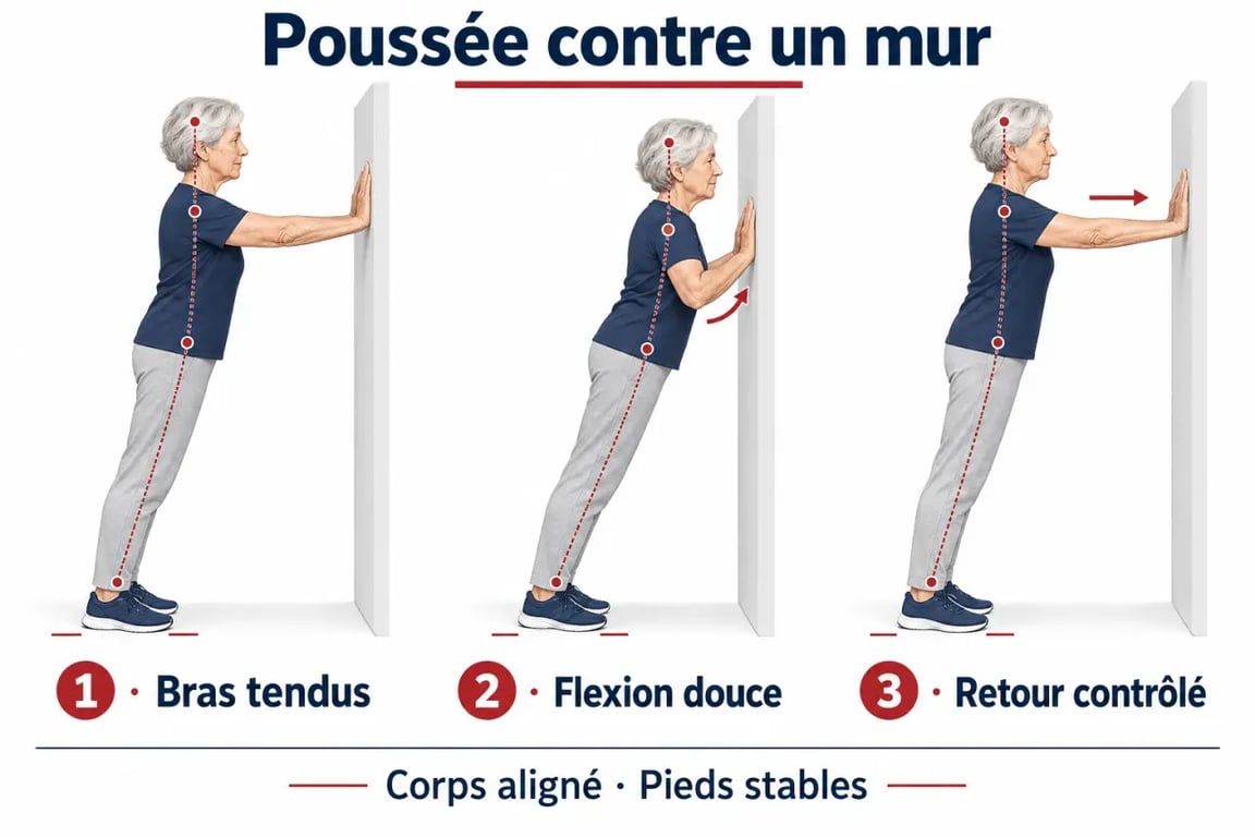 Exercices de renforcement musculaire pour personnes âgées PDF : pompes douces contre un mur