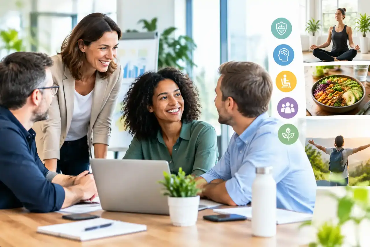 Équipe professionnelle collaborant dans un bureau lumineux et végétalisé